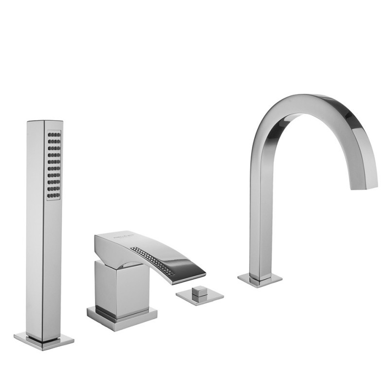 CRYSTAL Batteria monocomando bordo vasca quattro fori con deviatore e bocca finitura cromo