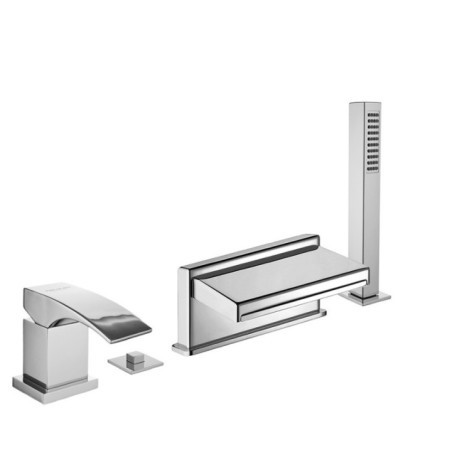 LASER Batteria monocomando bordo vasca quattro fori con deviatore e bocca getto piatto finitura cromo