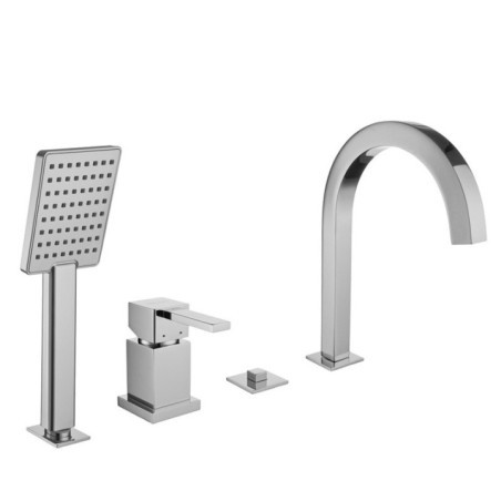 PRETTY Batteria monocomando bordo vasca quattro fori con deviatore e bocca finitura cromo spazzolato